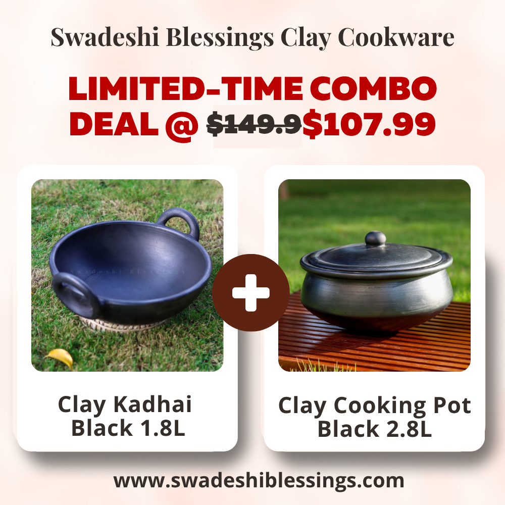 Unglazed Clay Handi / Terracotta pot / Earthen Kadai / Clay Pots Combo For Cooking & Serving, 1.8L & 2.8L, Black (Natural Firing Shade & Mirror Shine)+FREE ASH For Cleaning