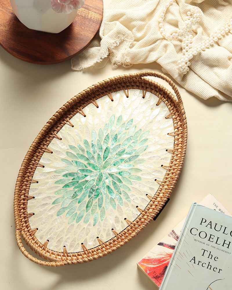 Tavă din Răchită Ovală - Mozaic Rangoli Verde
