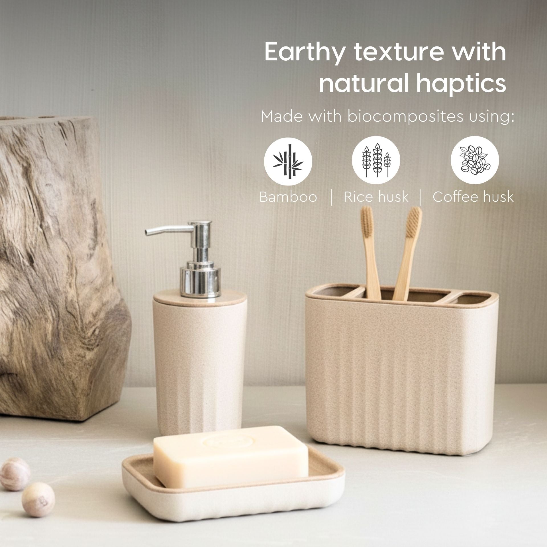 Earth Friendly Bathroom Accessories For Home | Pack of 3 (Soap Holder, Toothbrush Holder, Soap Dispenser set)