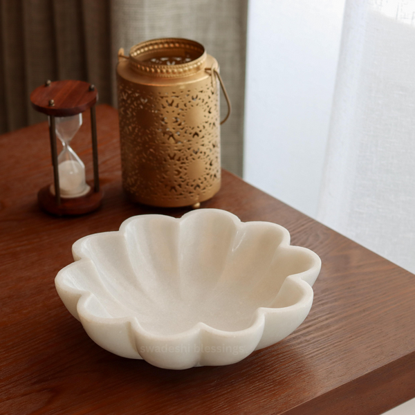 HandCrafted Marble Large Decorative Bowl | White Decorative Bowls for Home Decor | Ruffle Bowl | Scalloped Bowl | Fluted Bowl | Key/Fruit Bowl | Ring Dish | Organic Modern Home Decor Bowl | 6-12 Inches