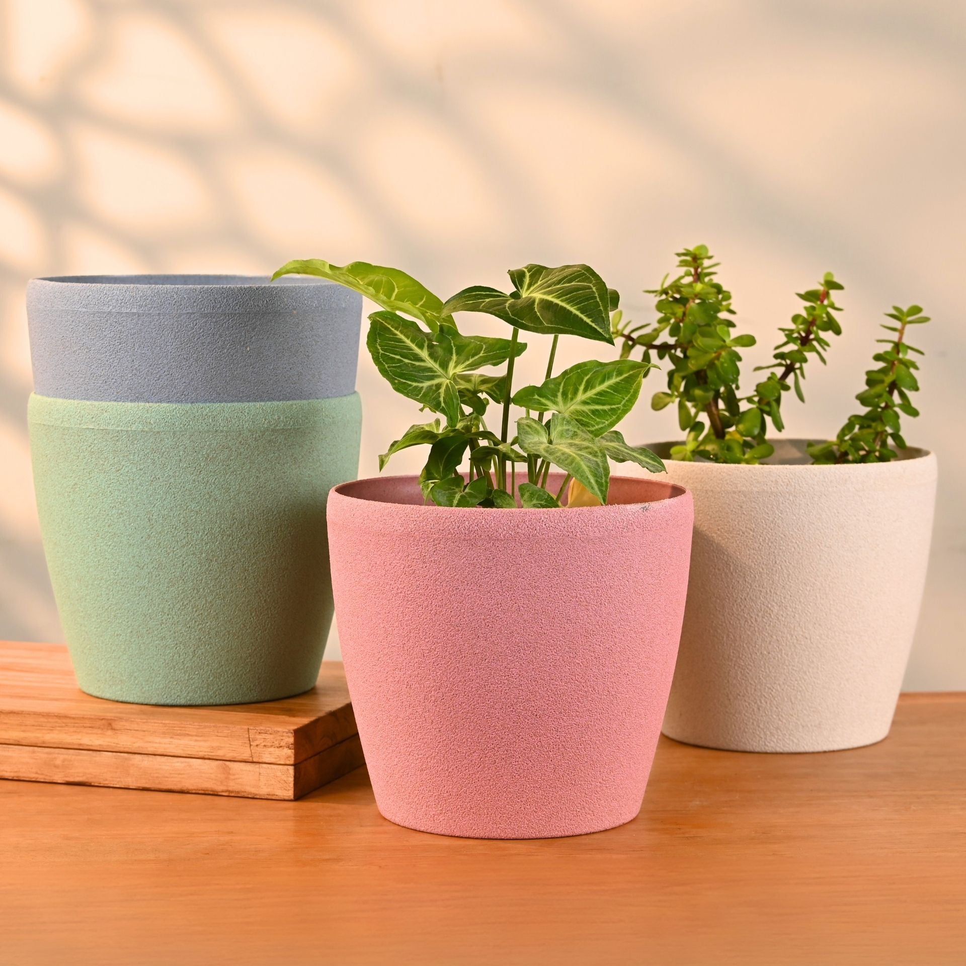 Earth-Friendly Deco Self Watering Planters 9 Inch set of 4 | Bamboo Based Pots and Planters