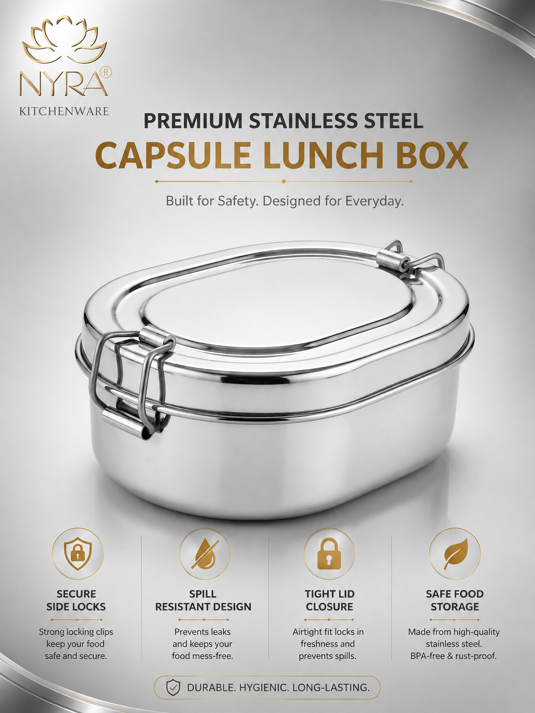 Stainless Steel Capsule Lunch Box with Plate & Double Decker Separator | Glossy Finish Steel Tiffin Box - Durable Food Storage Container