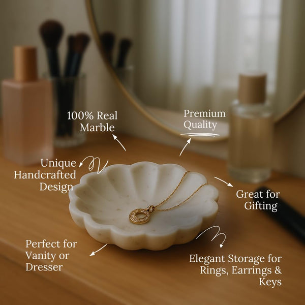 Handcrafted Marble Jewelry Tray, Decorative Trinket Dish for Rings Earrings Necklace Bracelet, Key Bowl, Ideal Gift for Mother Sister Daughter Friends, Birthday Wedding Christmas 5 inches
