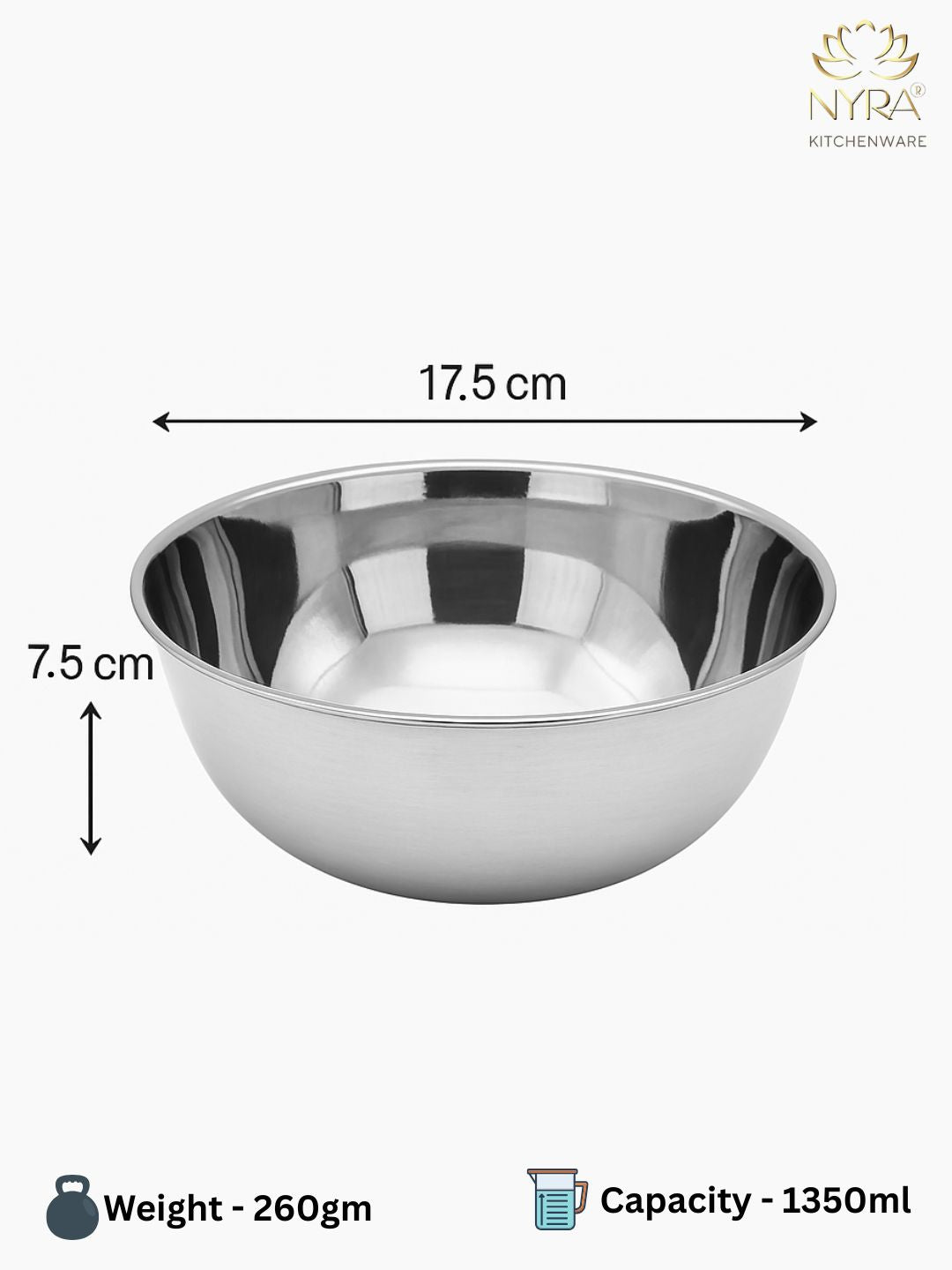 Dimensions of 1350 ml Stainless Steel Round Mixing & Serving Bowl