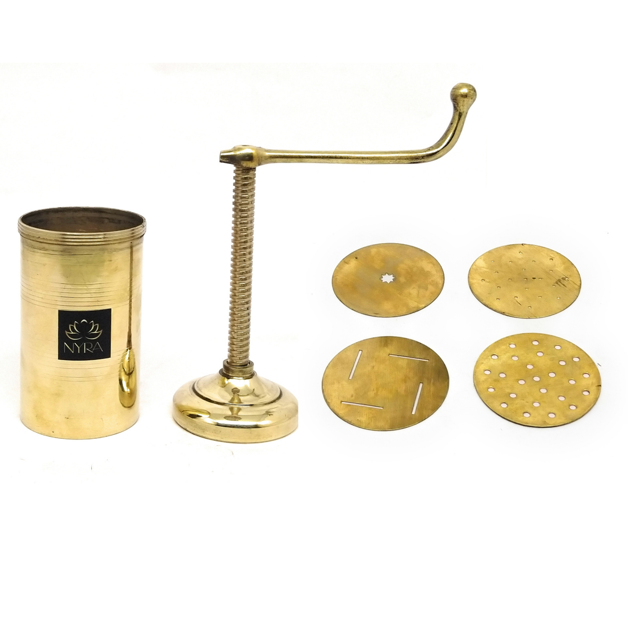 Brass kitchen tool set with cylindrical container, lever, and four circular discs on a white background