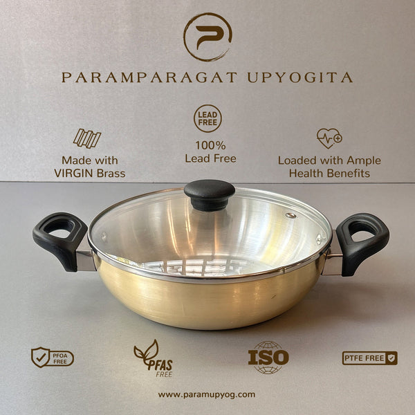 Paramparagat Upyogita Chaitanya Brass Flat Bottom Kadhai (Wok) 3.5 Ltr.
