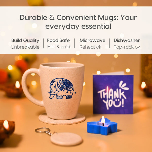 Eha Earth Friendly Diwali Gift Hampers | Elephant Printed Mug, Coaster, Key Chain, Candle, Gift Bag, Card
