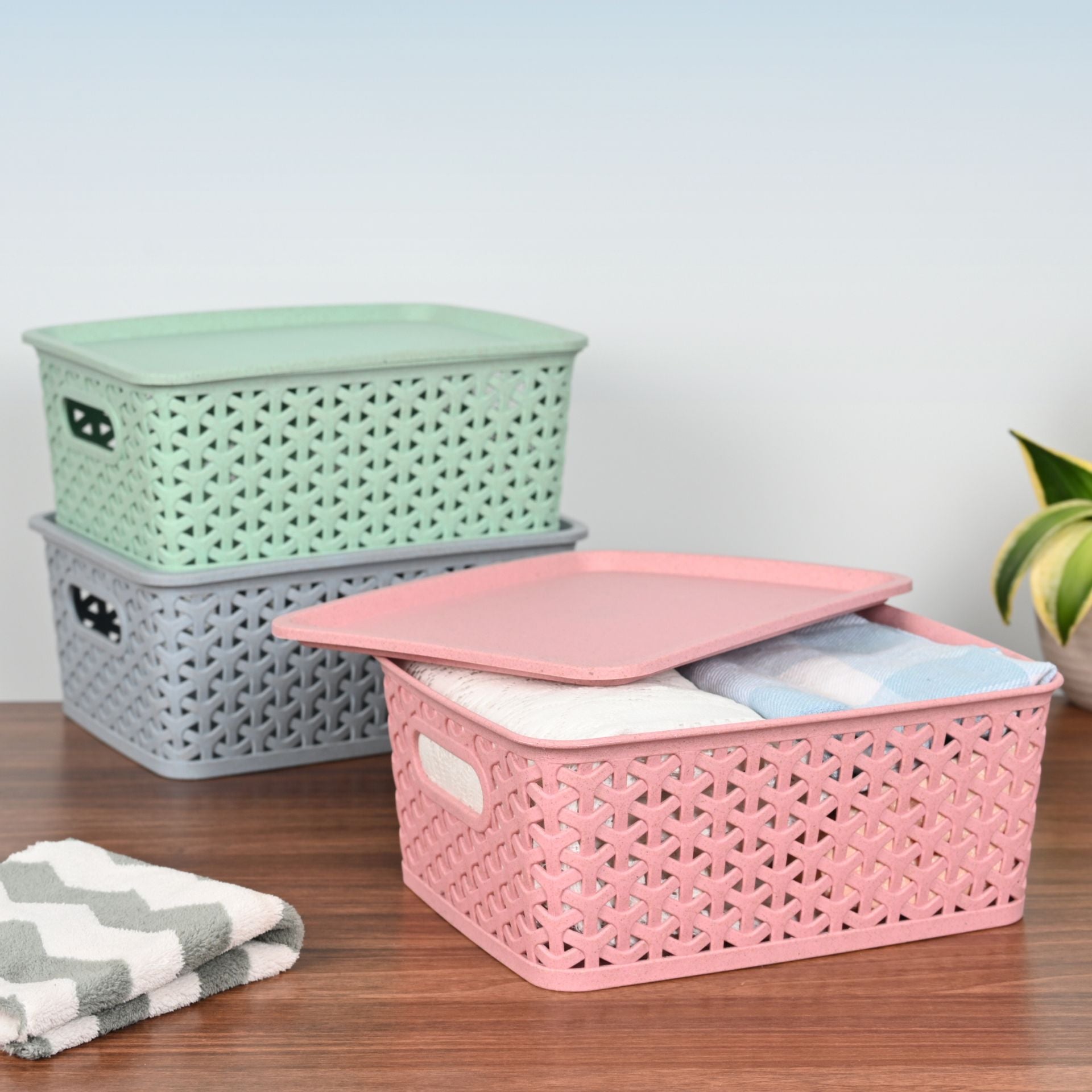 Green Hive 4.8L set of 3 | Earth Friendly Multipurpose Basket For Storage With Lid