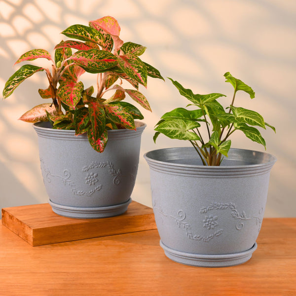 Earth-Friendly Planters Leafy 10 Inch set of 2 | Bamboo Based Pots and Planters with tray