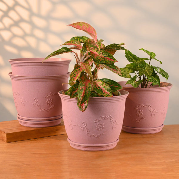 Earth-Friendly Planters Leafy 10 Inch set of 4 | Bamboo Based Pots and Planters with tray