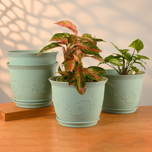 Earth-Friendly Planters Leafy 10 Inch set of 4 | Bamboo Based Pots and Planters with tray