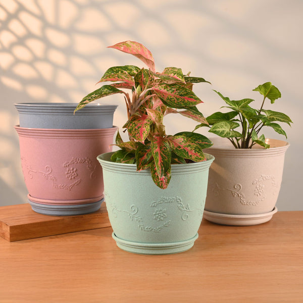 Earth-Friendly Planters Leafy 10 Inch set of 4 | Bamboo Based Pots and Planters with tray