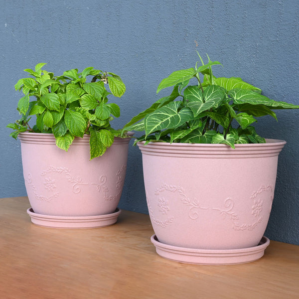 Earth-Friendly Planters Leafy 12 Inch set of 2 | Bamboo Based Pots and Planters with tray