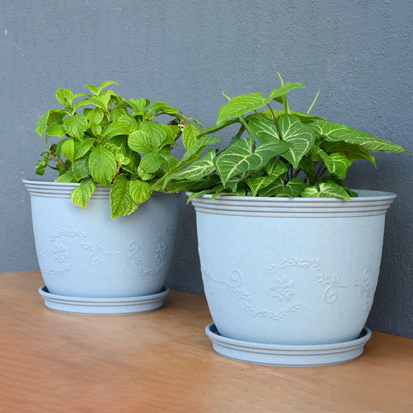 Earth-Friendly Planters Leafy 12 Inch set of 2 | Bamboo Based Pots and Planters with tray