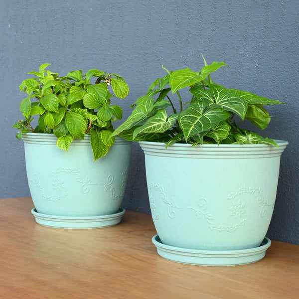 Earth-Friendly Planters Leafy 12 Inch set of 2 | Bamboo Based Pots and Planters with tray