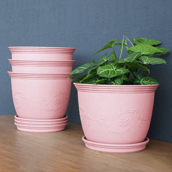 Earth-Friendly Planters Leafy 12 Inch set of 4 | Bamboo Based Pots and Planters with tray