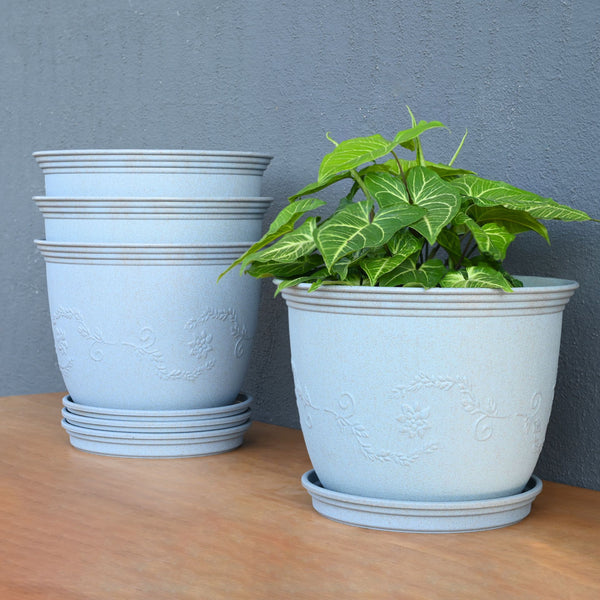 Earth-Friendly Planters Leafy 12 Inch set of 4 | Bamboo Based Pots and Planters with tray