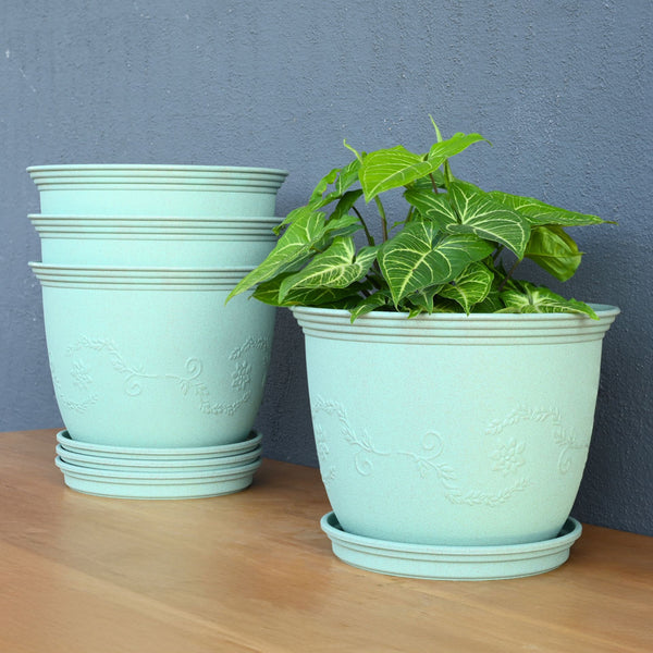 Earth-Friendly Planters Leafy 12 Inch set of 4 | Bamboo Based Pots and Planters with tray