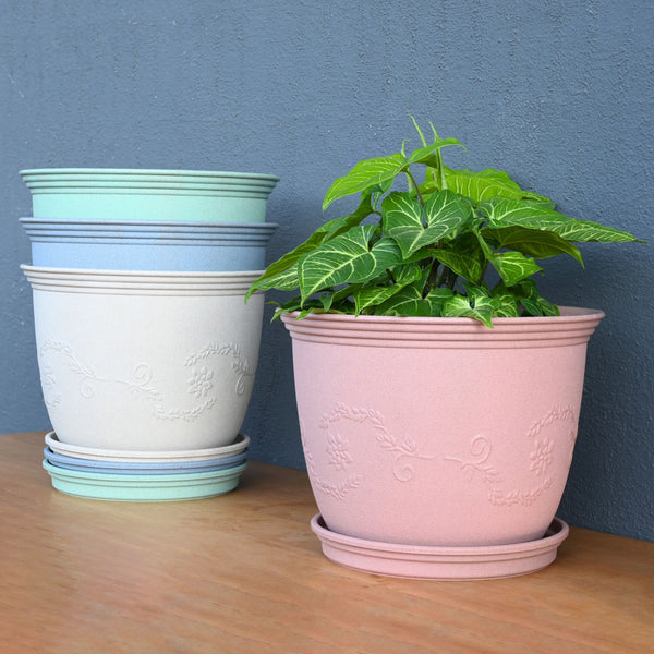 Earth-Friendly Planters Leafy 12 Inch set of 4 | Bamboo Based Pots and Planters with tray