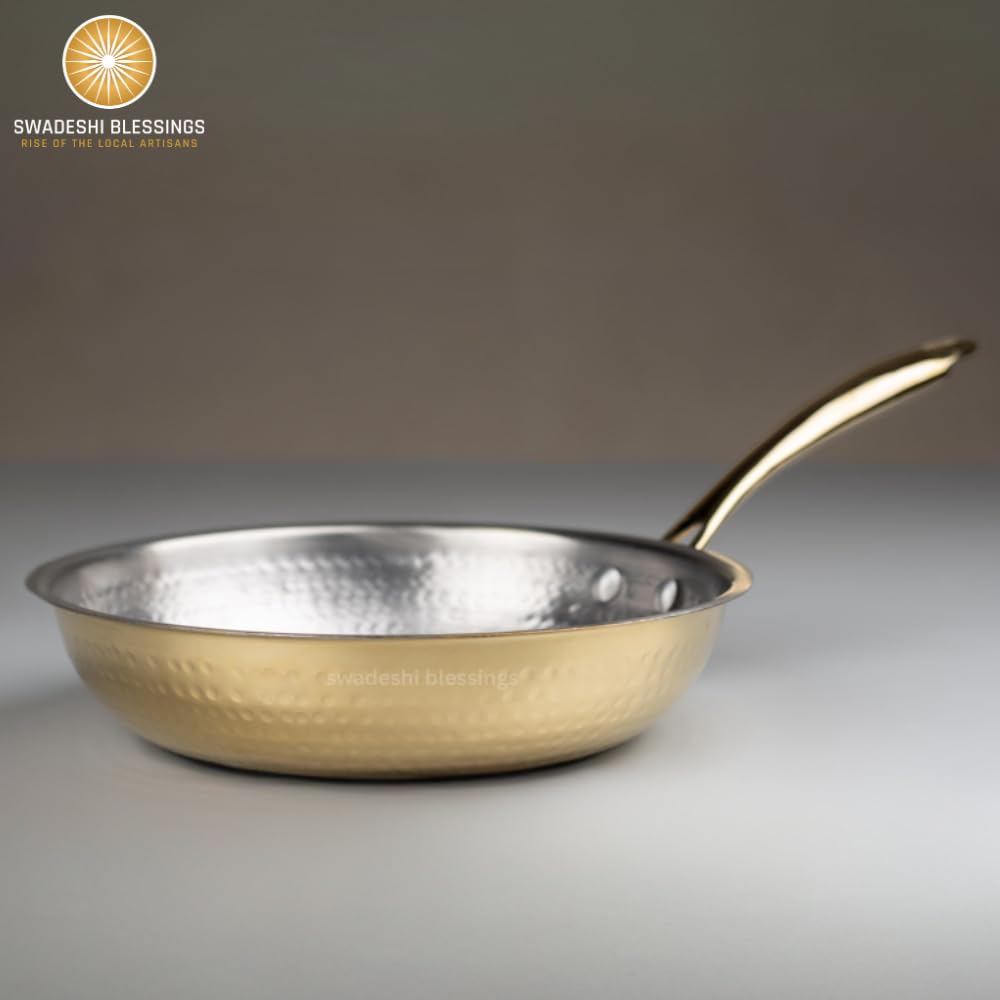 Swadeshi Blessings Exclusive Range Brass Frying Pan for Cooking without Lid/Teflon-Free/Naturally Non-Stick Brass Utensils with Tin Coating