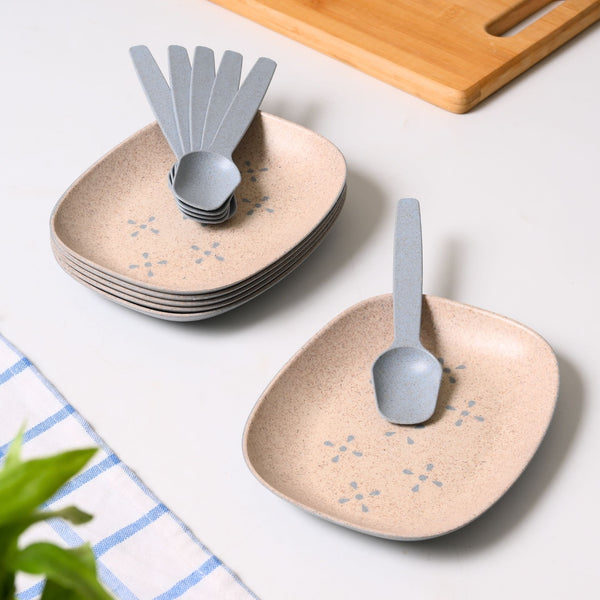 Mini snack plates 6 inch set of 6 | Earth friendly Unbreakable Plates with Spoon