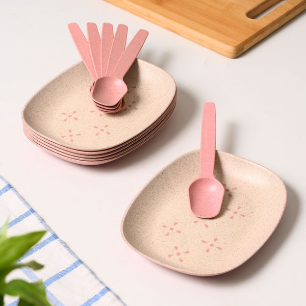 Mini snack plates 6 inch set of 6 | Earth friendly Unbreakable Plates with Spoon