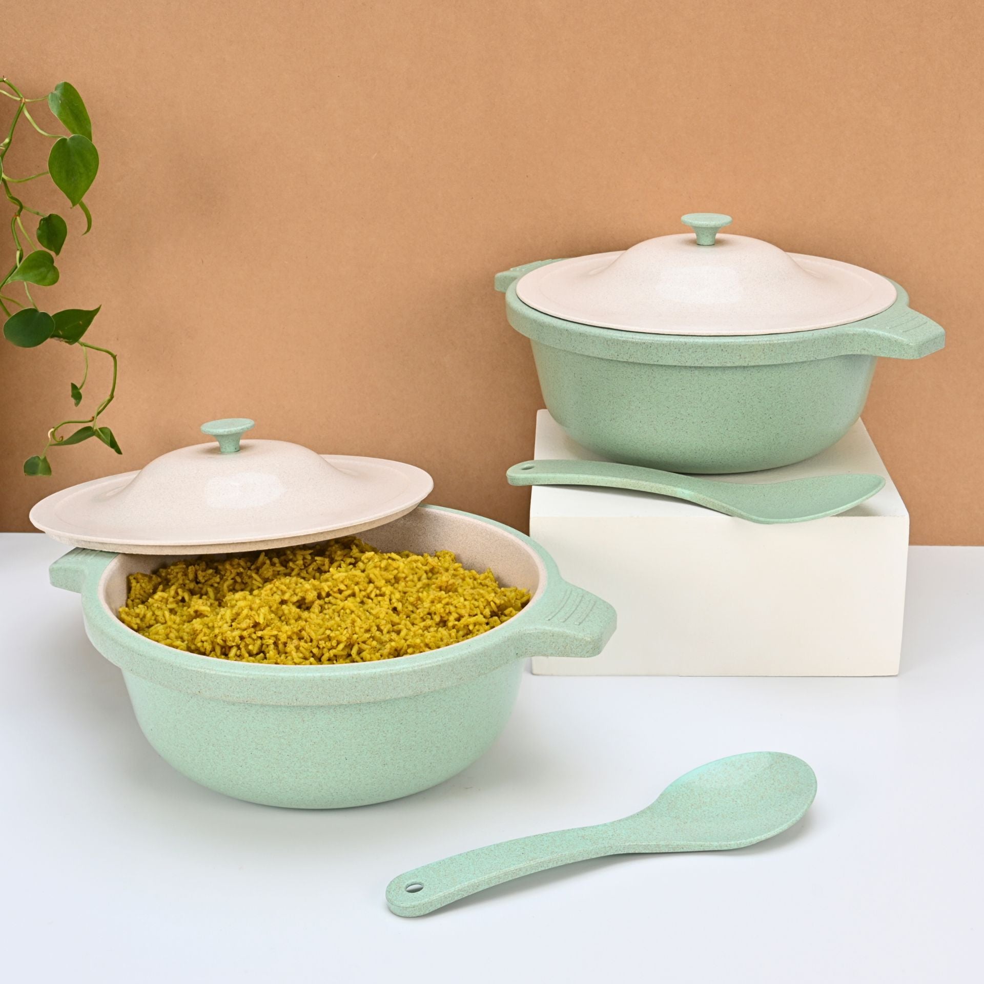 Serving Bowl with lid 2500 ml set of 2 | Earth friendly Unbreakable bowls Made with Bamboo Fibers & Rice Husk Fiber
