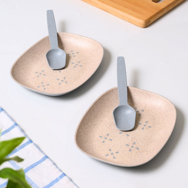 Mini snack plates 6 inch set of 2 | Earth friendly Unbreakable Plates with Spoon