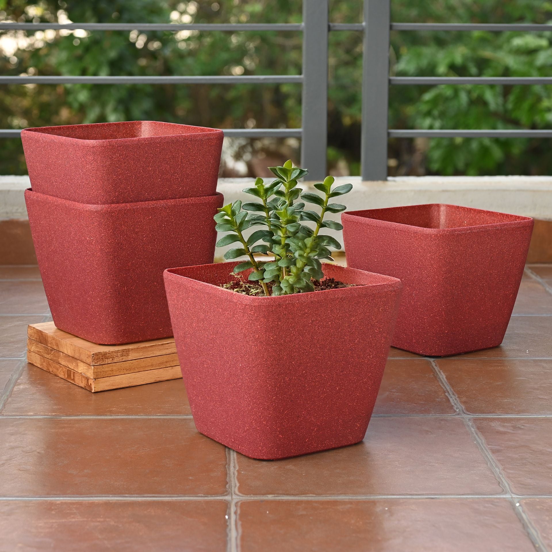 Earth-Friendly Daisy Self Watering Planters 9 Inch set of 4 | Bamboo Based Pots and Planters