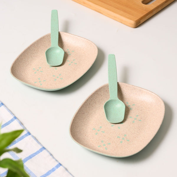 Mini snack plates 6 inch set of 2 | Earth friendly Unbreakable Plates with Spoon