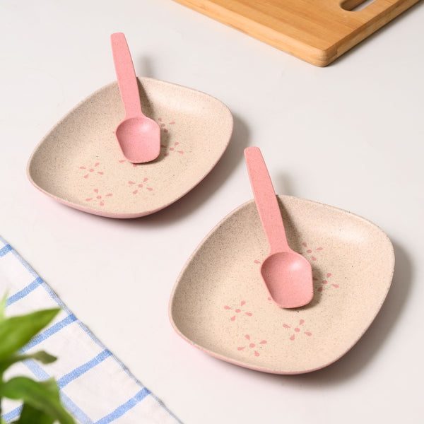 Mini snack plates 6 inch set of 2 | Earth friendly Unbreakable Plates with Spoon
