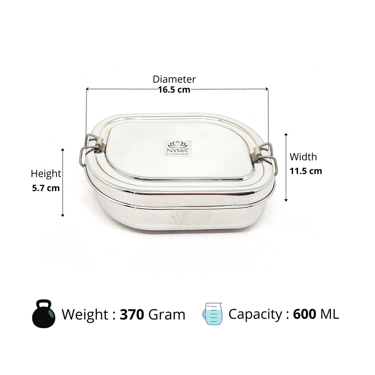 Dimensions of 600ml Stainless Steel Double Decker Lunch Box 