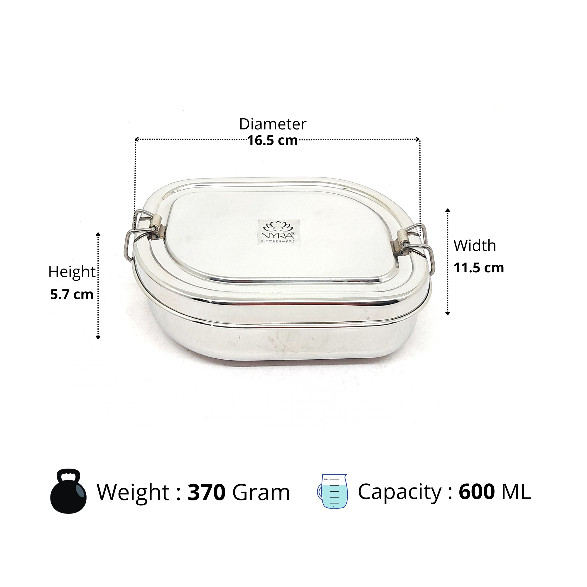 Dimensions of 600ml Stainless Steel Double Decker Lunch Box 
