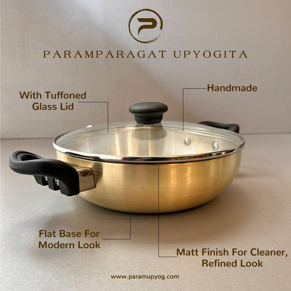 Paramparagat Upyogita Chaitanya Brass Flat Bottom Kadhai (Wok) 3.5 Ltr.