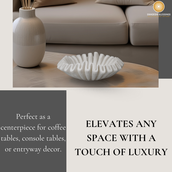 HandCrafted Marble Ruffle Bowl, Large Decorative Bowl for Home Decor, Key Bowl for Entryway Table, Scalloped Bowls for Dining Table Centerpiece Decor, Catch All Bowls, 9"