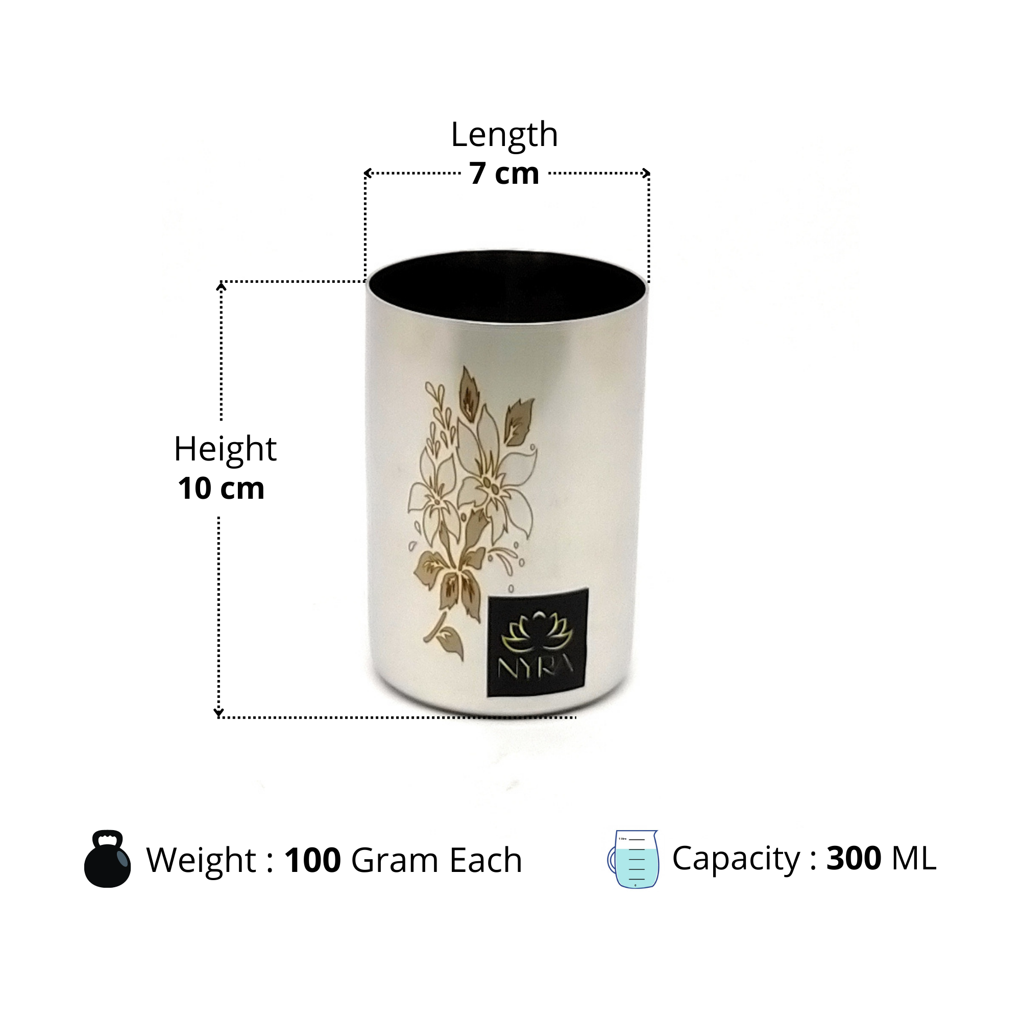 Dimensions of stainless Steel Glass/Tumbler with Laser Floral Design 