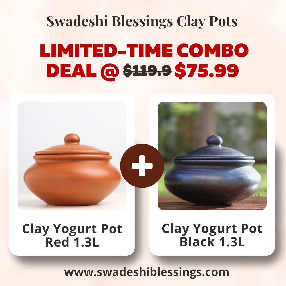 Unglazed Clay Dahi Handi/ Handmade Curd Pot/ Clay Curd Pot Combo with Lid 1.3L (Black & Red) (with Natural White Firing Shade & Mirror Shine) + Free ASH for Cleaning