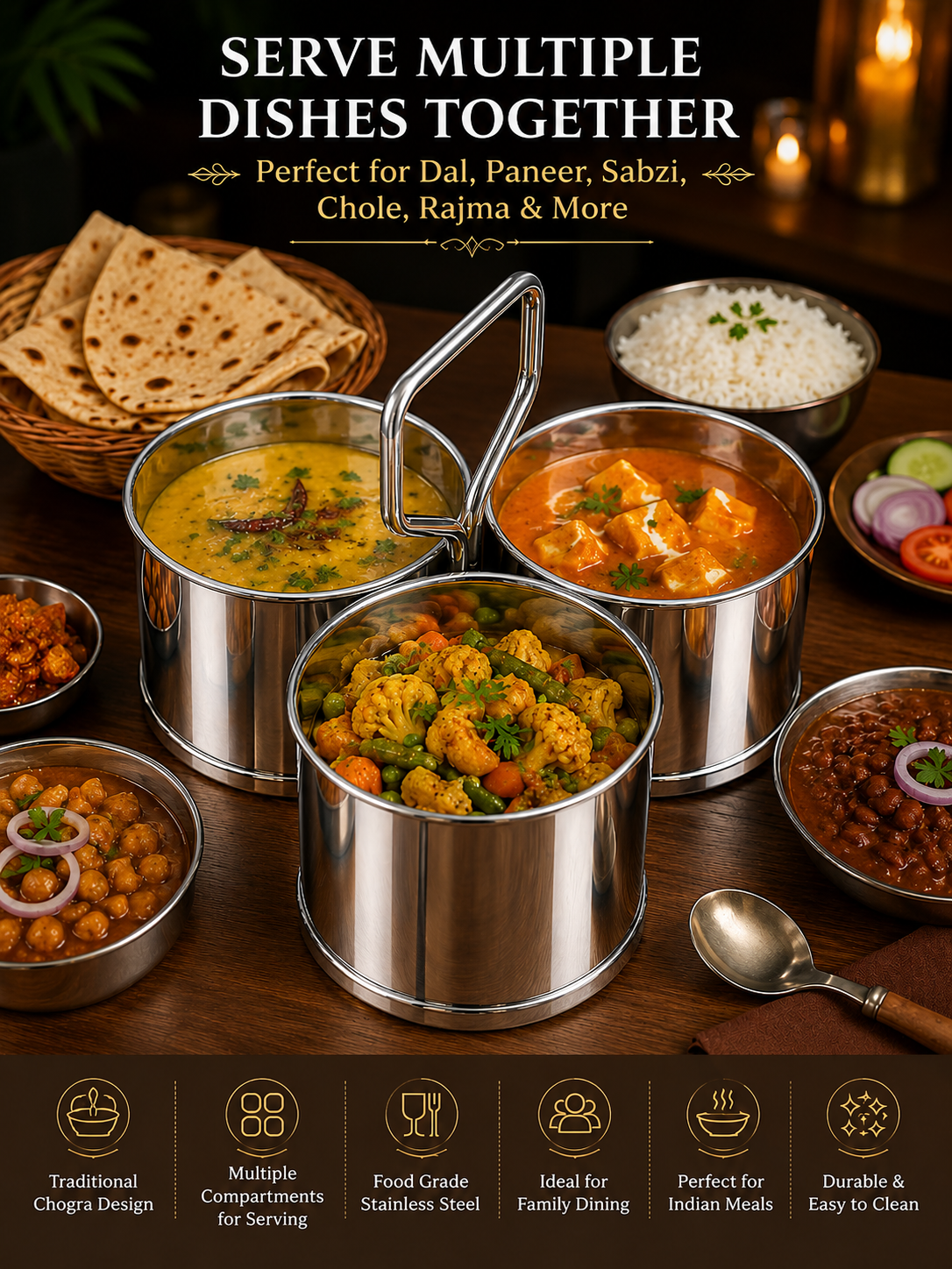 Stainless Steel Chougadha | Chaumukha Vegetable Holder with Handle – Premium 2, 3, 4 Container