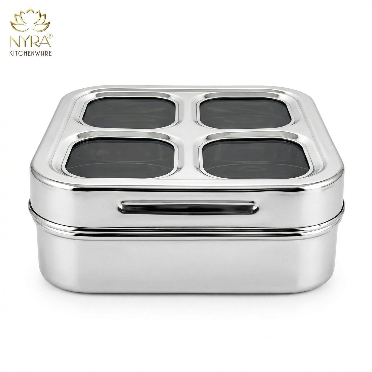 Stainless Steel 4-Compartment Dry Fruit Box with See-Through Lid