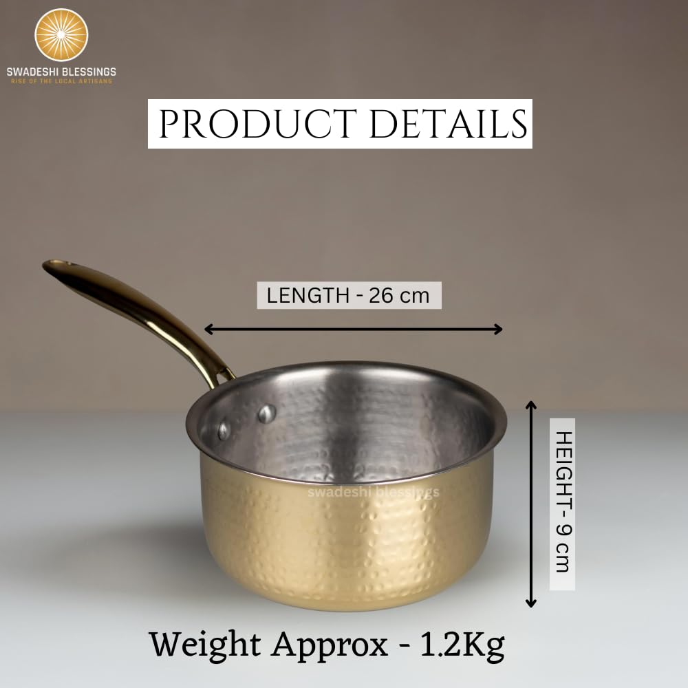 Swadeshi Blessings Exclusive Range Brass Sauce Pan for Cooking without Lid/Teflon-Free/Naturally Non-Stick Brass Utensils with Tin Coating