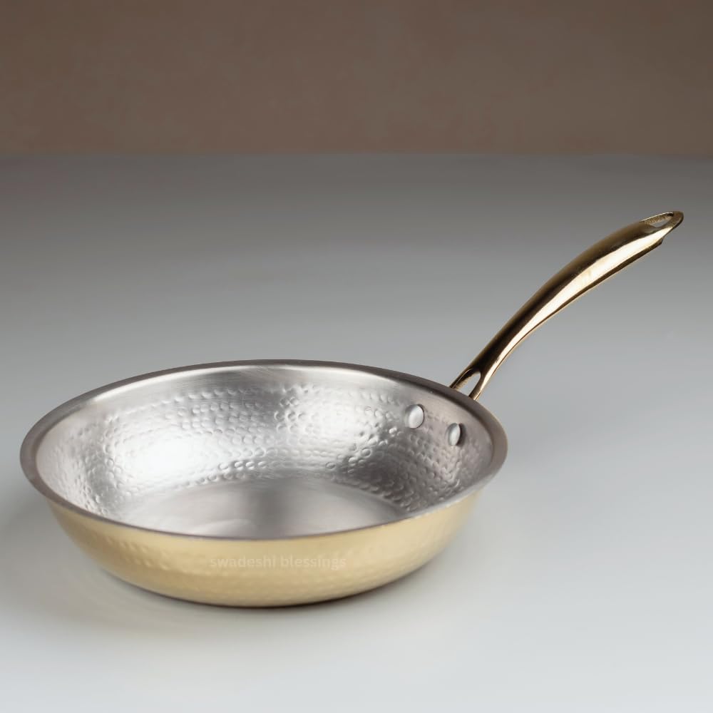 Swadeshi Blessings Exclusive Range Brass Frying Pan for Cooking without Lid/Teflon-Free/Naturally Non-Stick Brass Utensils with Tin Coating