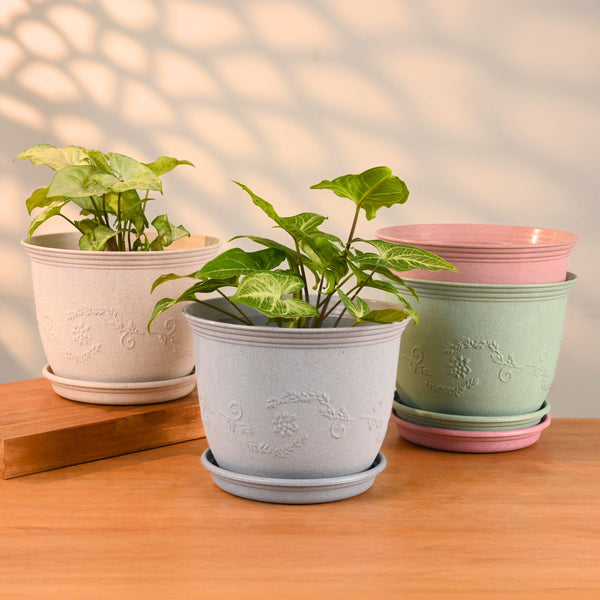 Earth-Friendly Planters Leafy 8 Inch set of 4 | Bamboo Based Pots and Planters with tray