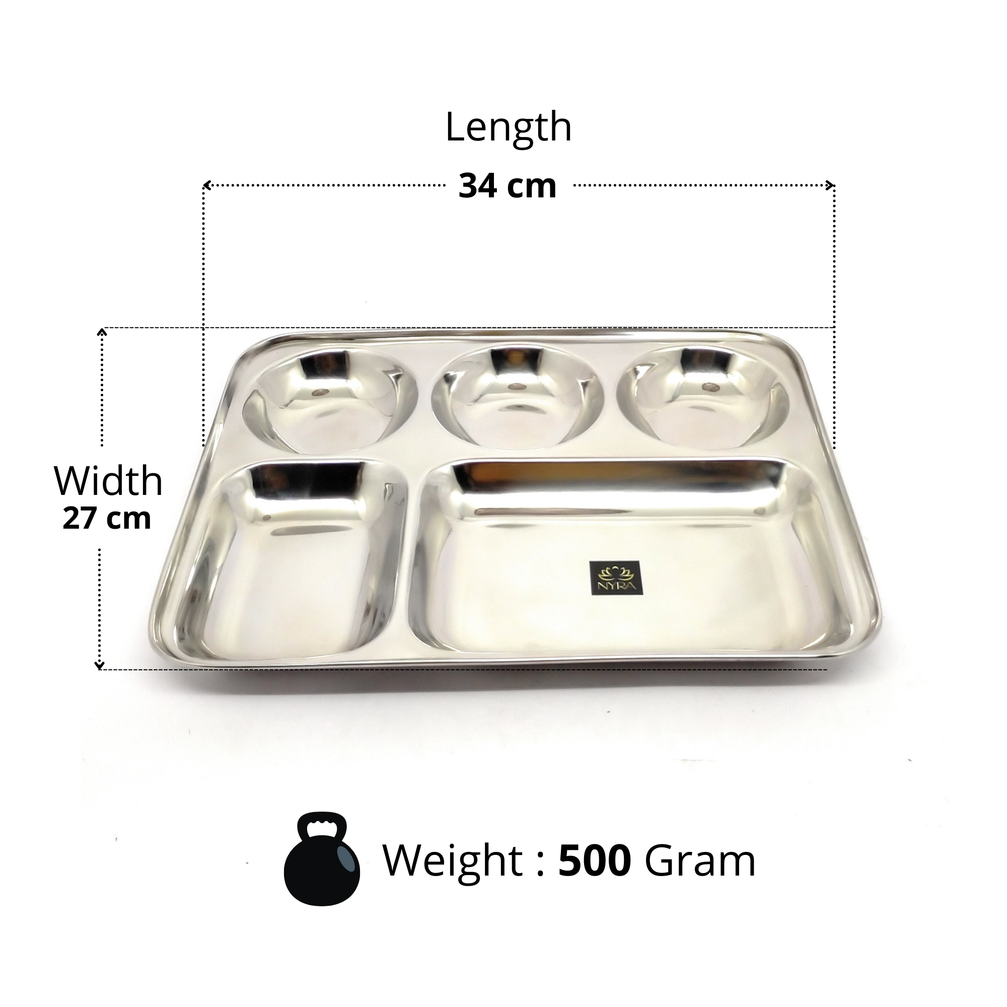 Dimensions of Stainless-Steel Round shaped 5 in 1 divided compartment Bhojan Thali