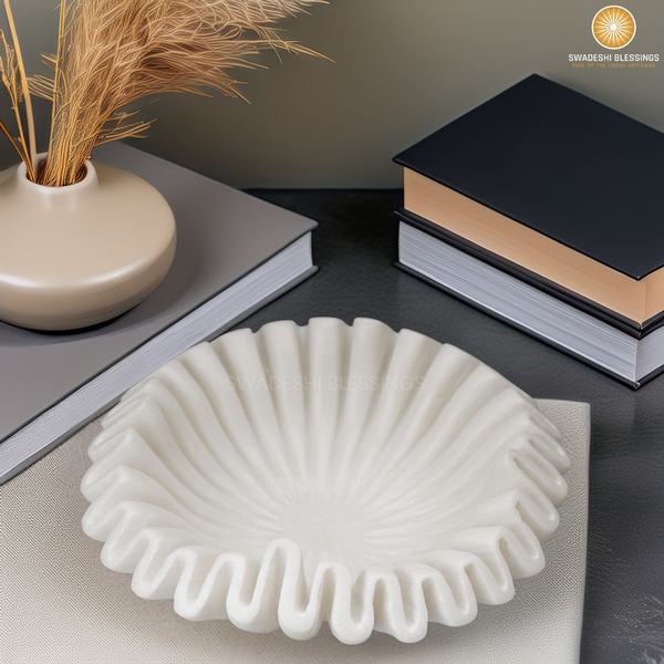 HandCrafted Marble Ruffle Bowl, Large Decorative Bowl for Home Decor, Key Bowl for Entryway Table, Scalloped Bowls for Dining Table Centerpiece Decor, Catch All Bowls, 9"