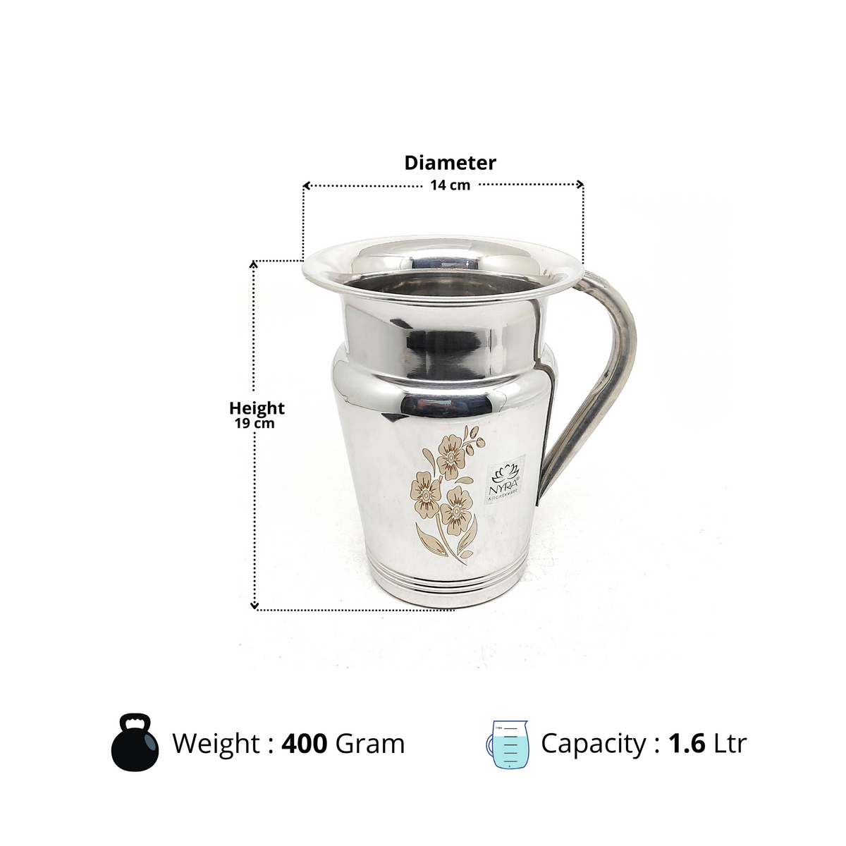 Dimensions of Stainless Steel Floral Lazer Jug 