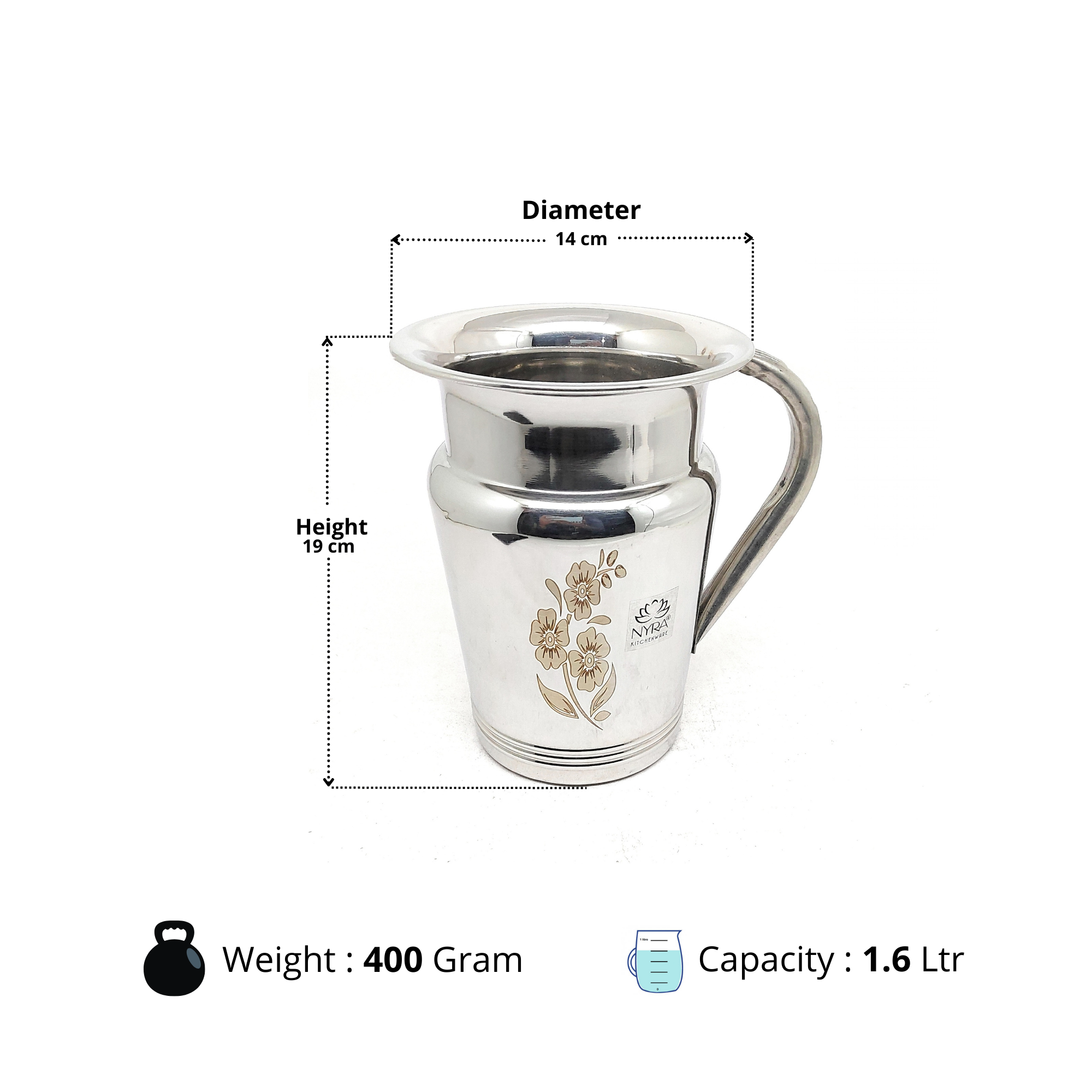 Dimensions of Stainless Steel Floral Lazer Jug 