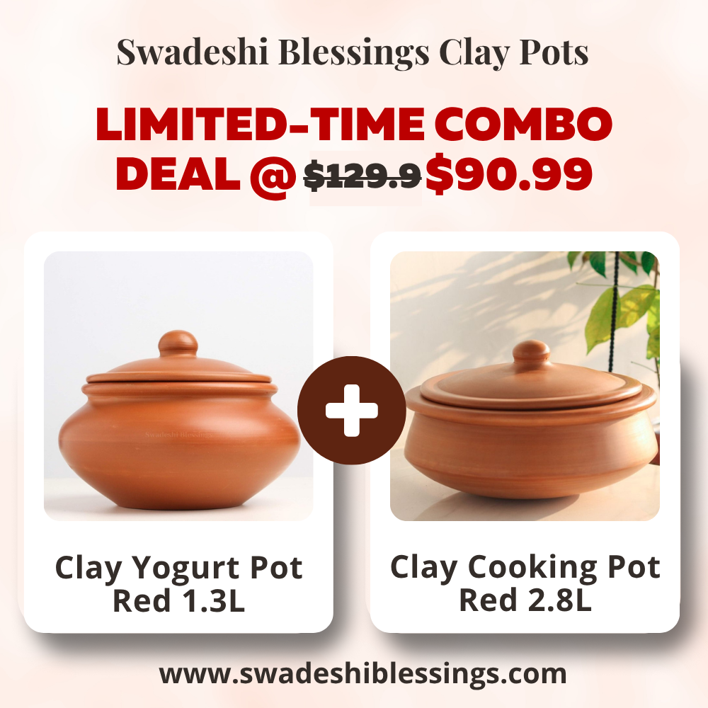 Unglazed Clay Handi & Earthen Curd Pot  / Clay Pots Combo For Cooking & Serving, 1.3L & 2.8L, Red (Natural Firing Shade & Mirror Shine)+FREE ASH For Cleaning