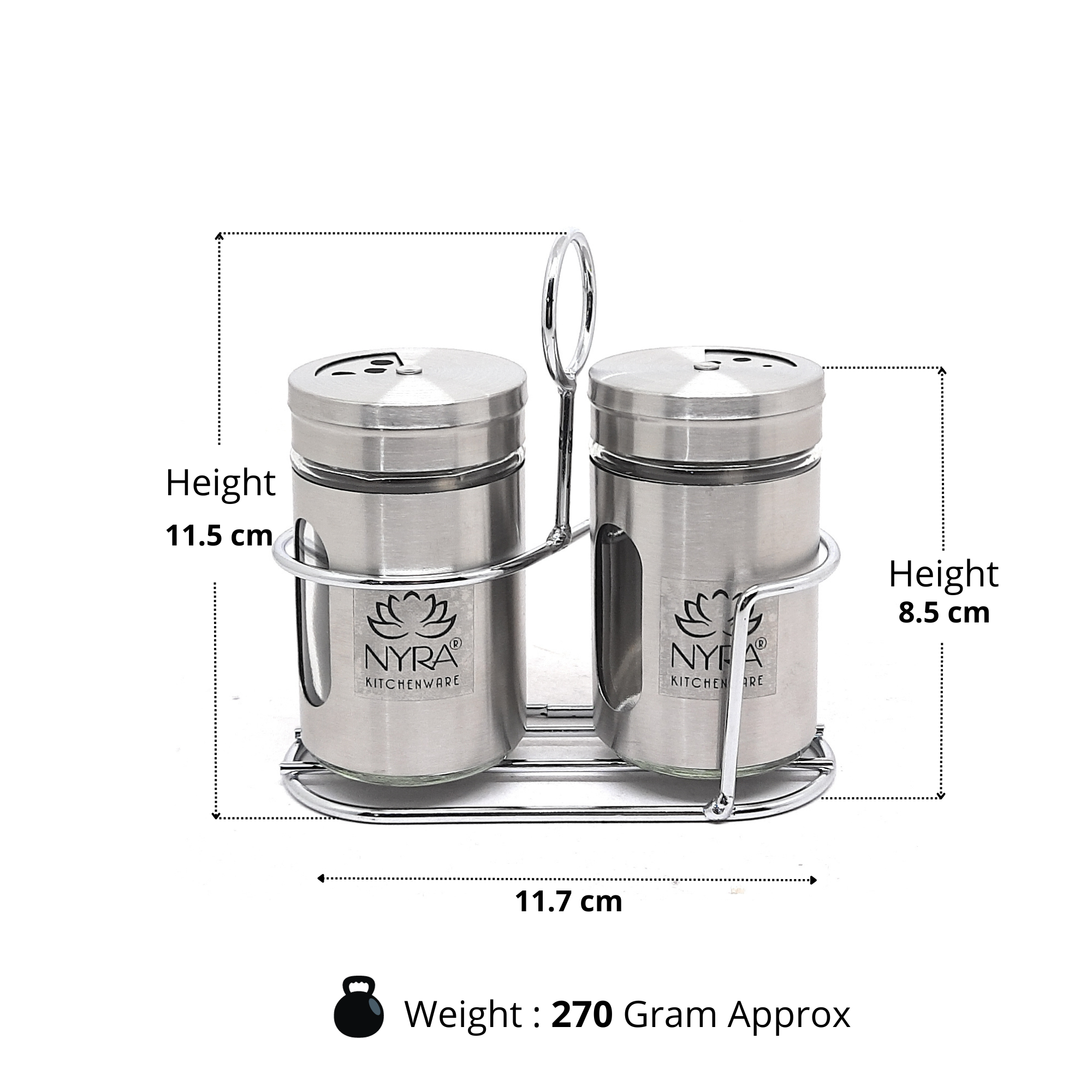 Dimensions of Stainless Steel and Glass Salt & Pepper Sprinkler