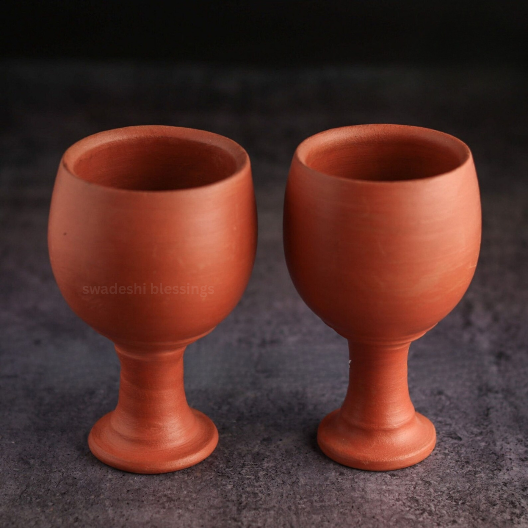 Premium HandMade Unglazed Royal Clay Goblet Set of 2/Tumblers 200ml/Royal Chalice Cup/Antique Wine Glass/Drinking Glass/HouseWarming-Birthday Gifts