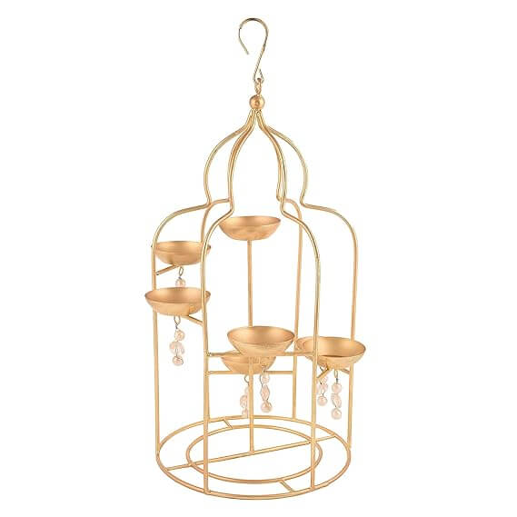 Metal Hanging Lantern with Beads Home Decoration for Bedroom, Livingroom, Home Office Ideal for Gifting - Matte Gold